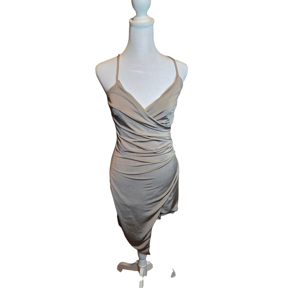Forplay Champagne Gold Ruched Bodycon Dress Asymmetrical Tulip Hem Womens Med